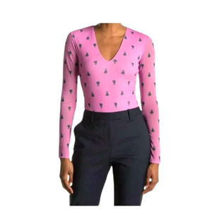 AFRM Women's Size XS Pink Floral Thong Bodysuit Sheer Lined Long Sleeved Top